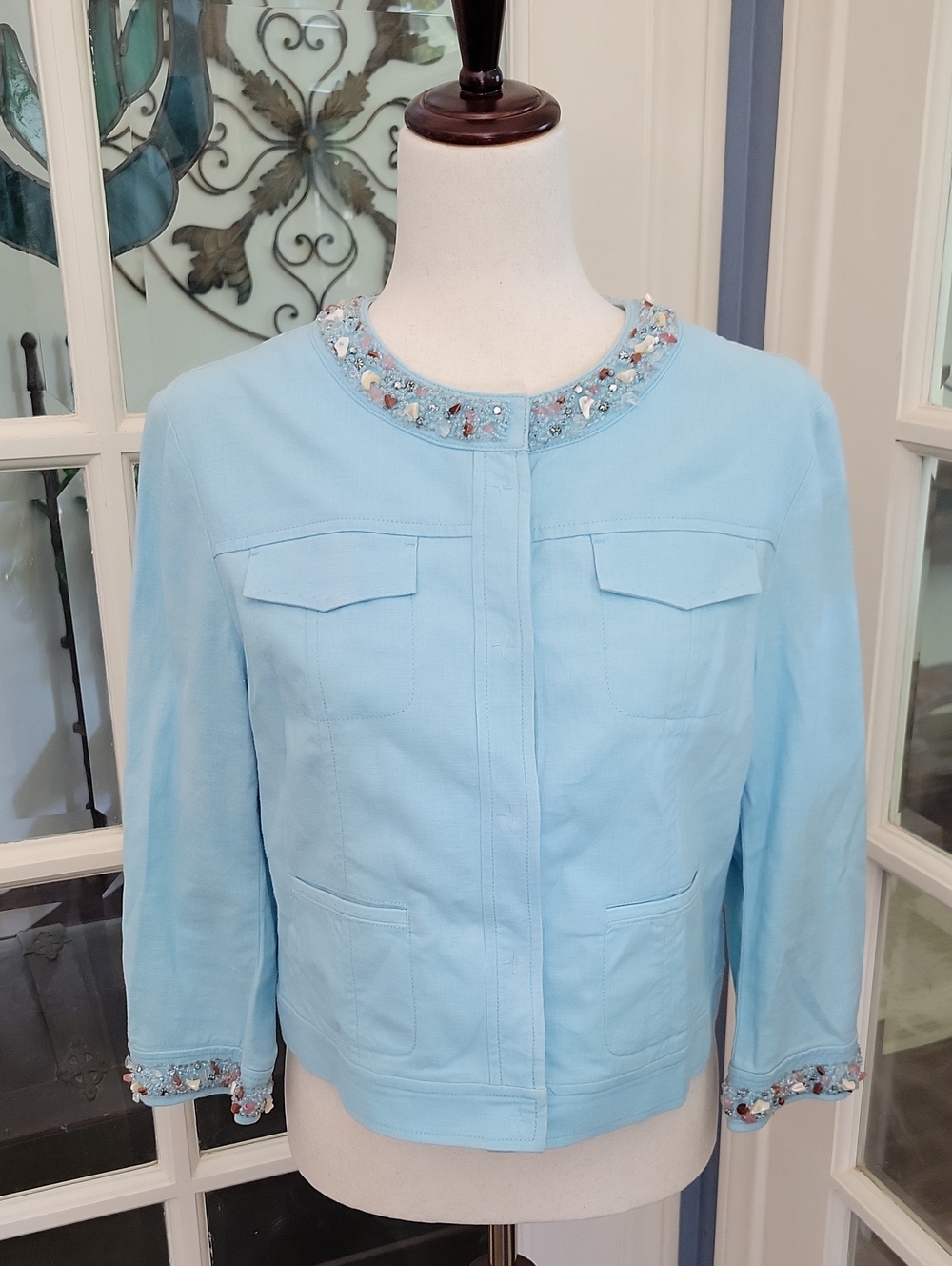 GIANNI BINI Light Blue Embellished Collar Jacket | Size: S